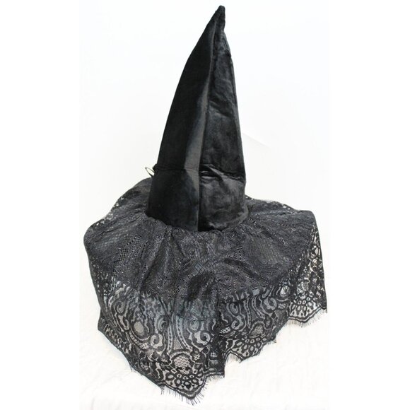 Halloween Tall Witch Hat Black Felt Rose Floral Lace Veil Costume Cosplay - Picture 7 of 9